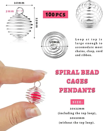 Miniatura 2 de JIALEEY Colgantes de jaulas de cuentas en espiral, 100 unidades de 0.78 x 0.98 pulgadas (0.787 x 0.984 in) chapadas en plata para collar de jaulas