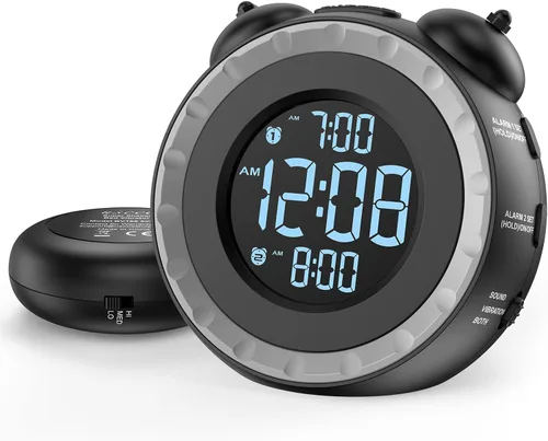 uscce Reloj despertador fuerte dual con agitador de cama - Atenuador 0-100%, reloj despertador vibratorio para personas que duermen pesadas o con