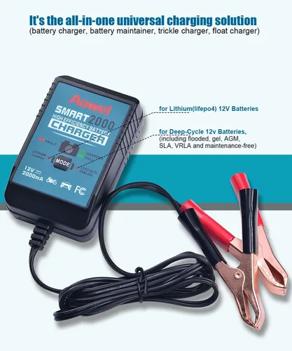 Miniatura 2 de Aowel Cargador de batería inteligente, 12 V 2 A, cargador de goteo totalmente automático y mantenedor para automóvil, cortacésped, ATV, motocicleta