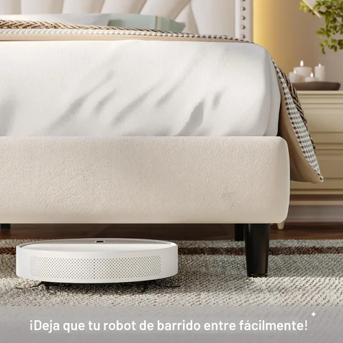 Miniatura 6 de EnHomee Marco de Cama Queen con Cabecera Alta de 51" Wingback, Cama Plataforma Tapizada en Terciopelo con Estación de Carga y Luces LED, No Necesita