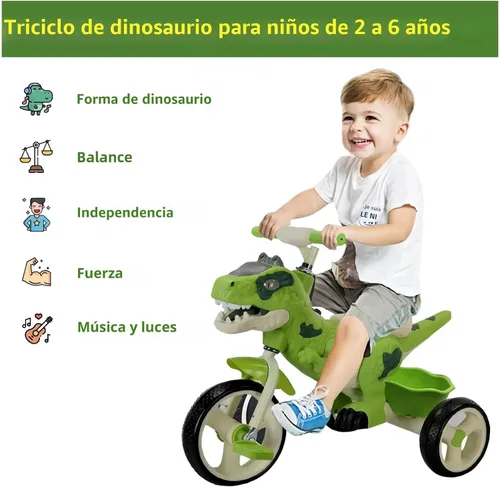 Miniatura 4 de Triciclo de dinosaurio para niños, triciclo para niños pequeños, rueda grande con música, cesta de almacenamiento, bicicleta para niños preescolares