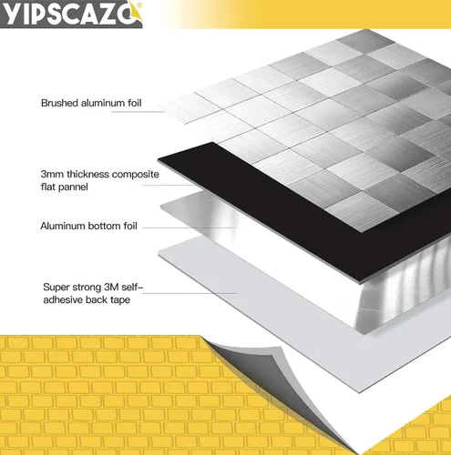 Miniatura 8 de Yipscazo Azulejos de mosaico de acero inoxidable con aspecto de metal para cocina, cocina, baño, lavandería (11.8 x 11.8 pulgadas)