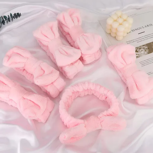 Miniatura 7 de WHAVEL Paquete de 6 diademas de spa rosas para lavarse la cara, diademas de microfibra para el cuidado de la piel, favores de fiesta rosas