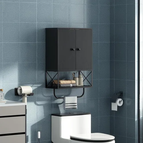 Miniatura 2 de MAHANCRIS Armario de pared de baño con 2 puertas y estante ajustable, botiquín de granja con toallero, armario de almacenamiento montado en la pared