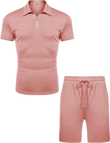 Miniatura 2 de URRU Conjunto casual de polo y pantalones cortos de manga corta para hombre, conjunto de dos piezas, conjunto deportivo con cremallera para hombre