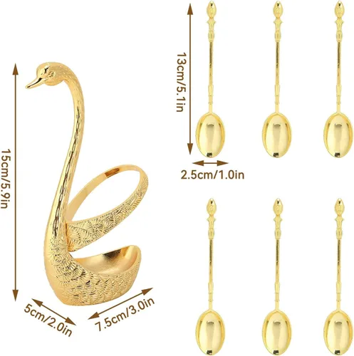 Miniatura 6 de Juego de cucharas de postre de café, soporte de base de cisne, organizador de cuchara con 6 cucharas para café, frutas, postres, mezcla, azúcar