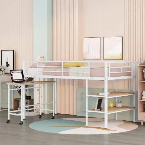 Miniatura 8 de anwickjeff Moderna cama baja tipo loft tamaño individual con escritorio y 2 estantes de almacenamiento para niños y adultos, marco de cama de metal