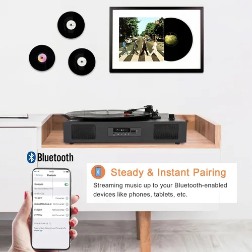 Miniatura 6 de Tocadiscos de vinilo Bluetooth con dos altavoces incorporados, grabación USB, transmisión por correa, 3 velocidades, tocadiscos para discos de Negro