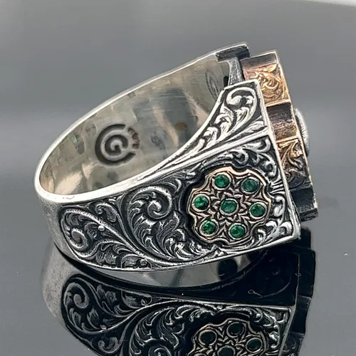 Miniatura 6 de Men Handmade Emerald Stone Ring, Rotating Split Ring, Micro Stone Ring, Ottoman Style Silver Ring, 925k Sterling Silver Ring
