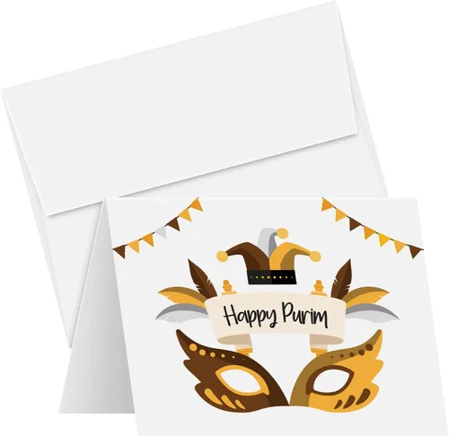25 tarjetas de felicitación Happy Purim, máscara tradicional de símbolos de Purim, pergamino, invitaciones de felicitación religiosas judías,