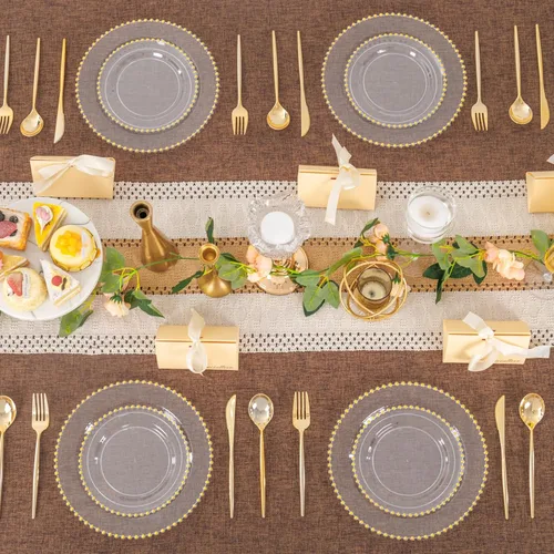 Miniatura 6 de LIYH - 150 platos de plástico transparente y dorado, elegante juego de vajilla desechable de plástico dorado que incluye platos de cena y postre