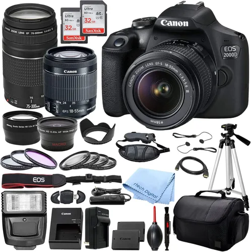 Cámara DSLR Canon EOS 2000D Rebel T7 Negra con lentes EF S 18 55mm DC III y 75 300mm III canon2000D32gb canon2000D32gb (Reacondicionado)