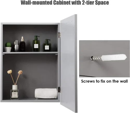 Miniatura 7 de Tangkula Armario de baño con espejo, gabinete de almacenamiento de montaje en pared con puertas individuales, botiquín colgante para baño (gris)