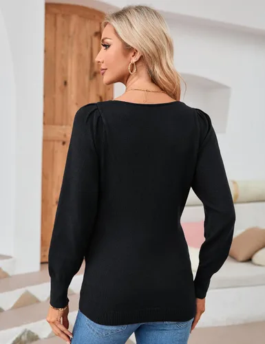 Miniatura 6 de KOJOOIN Tops de maternidad para mujer, suéteres casuales con cuello en V, manga larga abombada, punto acanalado, para otoño, embarazo, babydoll