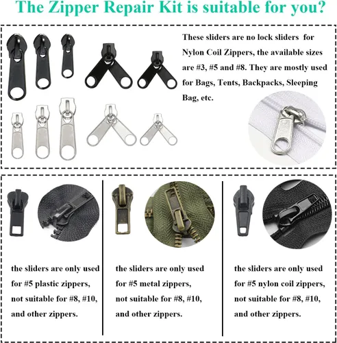Miniatura 7 de YaHoGa Kit de reparación de cremallera de 143 piezas de repuesto con alicates de instalación para bolsos, chaquetas, tiendas de campaña, mochilas