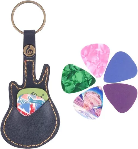 KingPoint Funda de cuero para púas de guitarra, llavero de púas de guitarra, soporte para púas de guitarra, bolsa con 5 púas de guitarra de regalo