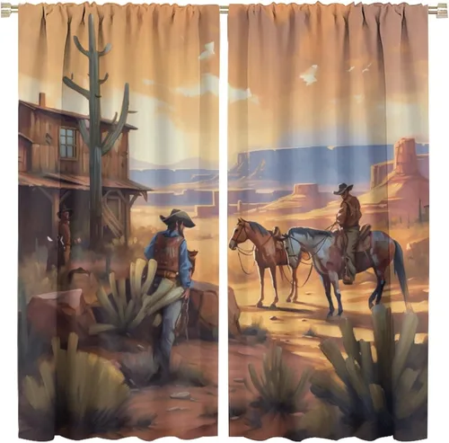 Cortina opaca de vaquero occidental, pintura vintage, granja, desierto occidental, vaquero, caballo, cactus, aventura, decoración del hogar,