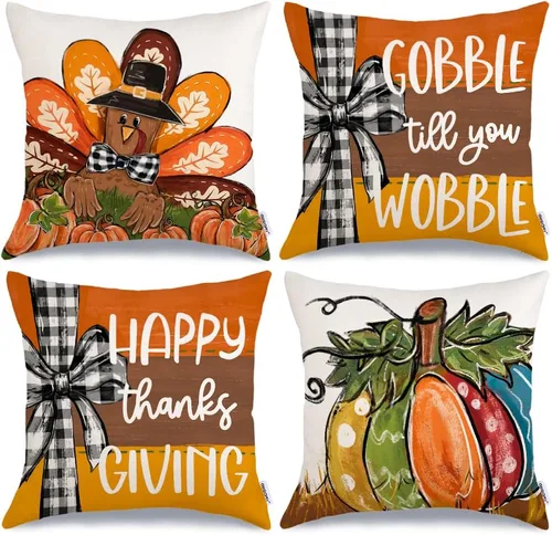 Miniatura 10 de GEEORY Juego de 4 fundas de almohada de otoño de 18 x 18 pulgadas, diseño de calabazas y tarros de masón, decoración agradecida, fundas de cojín