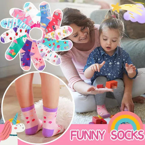 Miniatura 3 de Welwoos Calcetines de algodón transpirable para bebés y niñas pequeñas, 12 pares de calcetines antideslizantes antideslizantes de animales