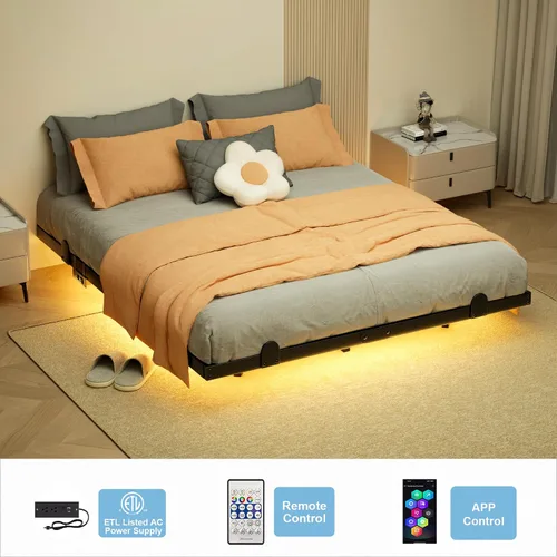 Miniatura 4 de LUKIROYAL Marco de cama flotante con luces LED inteligentes y estación de carga, marco de cama flotante de tamaño completo de 7 pulgadas con luces