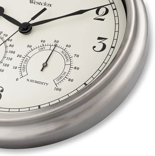 Miniatura 2 de Westclox Reloj de pared para interiores y exteriores con medidores de temperatura y humedad, resistente a la intemperie, precisión de cuarzo, Plata