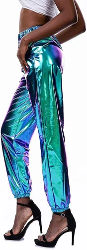 Miniatura 4 de Kaipiclos Pantalones deportivos reflectantes para mujer, metálicos, brillantes, estilo hip hop, harem, leggings holográficos (azul, 2XL), Azul