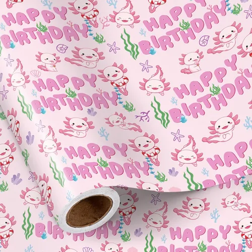 RUSPEPA - Rollo de papel de regalo de cumpleaños para niñas, mini rollo, lindo diseño de ajolote y submarino con texto de feliz cumpleaños,