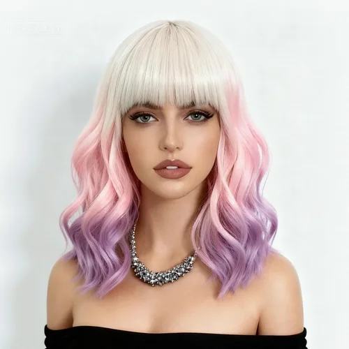 Miniatura 14 de NOBLE Peluca Rosa Naranja para Mujeres Peluca Durazno con Flequillo Pelucas Bob Rizadas Ombré con Flequillo de Aire Pelucas Sintéticas Cortas