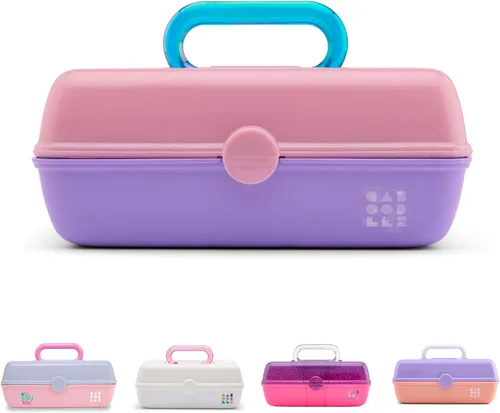 Caboodles Pretty in Petite - Caja de maquillaje de dos tonos rosa sobre lavanda, caja organizadora de plástico duro, 2 bandejas giratorias, espejo