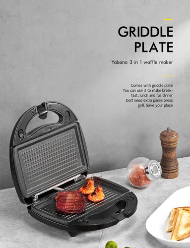 Miniatura 7 de Yabano Sandwichera, waflera 3 en 1, tostadora y parrilla eléctrica de prensa Panini con placa de revestimiento antiadherente, fácil de limpiar, se