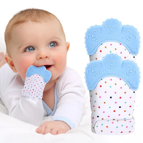 Miniatura 11 de Vicloon Paquete de 2 Manoplas de Dentición de Silicona, Manopla Calmante para la Dentición Infantil Alivio del Dolor, Guante Previene Arañazos, Azul