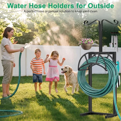 Miniatura 5 de TomCare Soporte de manguera de jardín desmontable de metal para manguera de agua con capacidad para mangueras de 150 pies, soporte para manguera