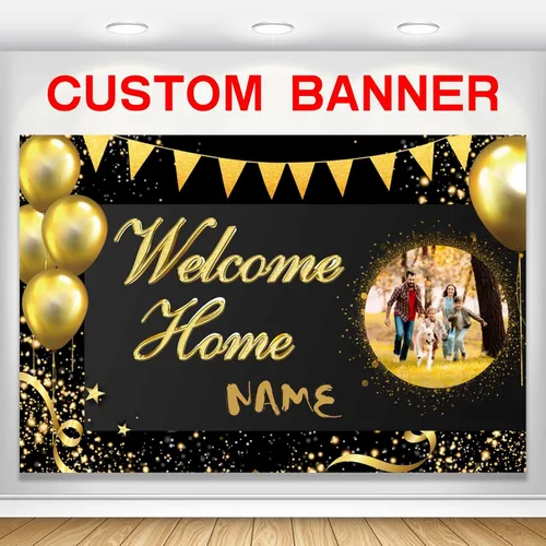Pancarta personalizada de bienvenida a casa, señal de bienvenida a casa en negro y oro para decoración exterior, suministros de fiesta de regreso de