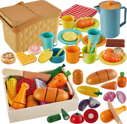 HERSITY Cesta de pícnic, juguetes de madera para niños pequeños, cortar verduras, juguetes para niños, accesorios de cocina, juego de fiesta de té,