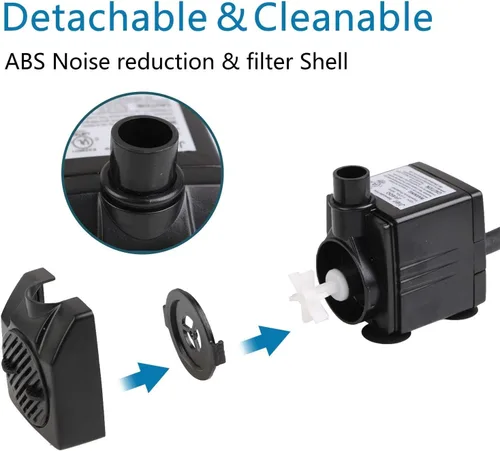 Miniatura 5 de BARST Bomba de fuente de 160 GPH, pequeña bomba sumergible (600 L/H, 12 W), ultra silenciosa con cable de alimentación de 6 pies y 3 boquillas