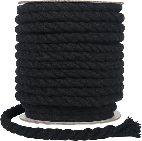 Tenn Well Cordón de macramé negro de 0.315 in, 59 pies, cuerda de algodón gruesa torcida de 3 capas para manualidades, colgar en la pared, ganchos
