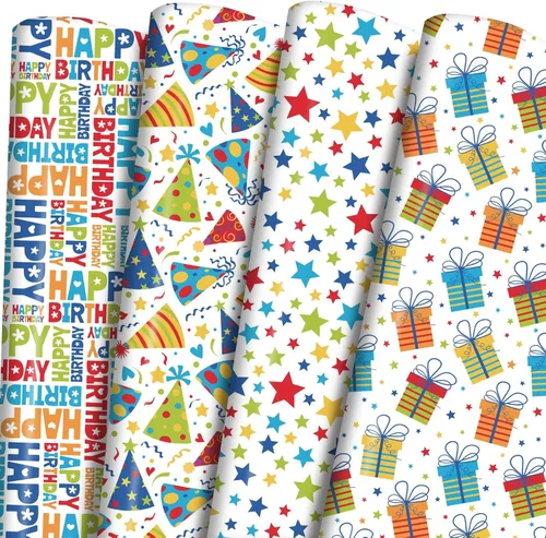 Hojas de papel de regalo de cumpleaños, paquete de 8 envolturas de regalo para regalos de cumpleaños infantiles, 4 diseños coloridos con feliz