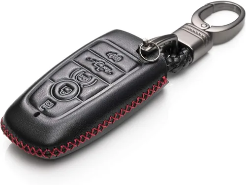 Miniatura 2 de Vitodeco Funda protectora de cuero para llavero inteligente compatible con Ford (modelos 2018 - 2026), 5 botones, negro/rojo