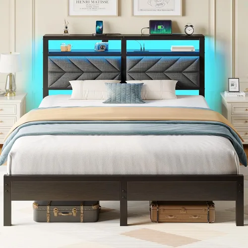 Seventable Base de cama tamaño Queen con estación de carga, cama LED con cabecera de almacenamiento tapizada, cama de plataforma de metal con Gris