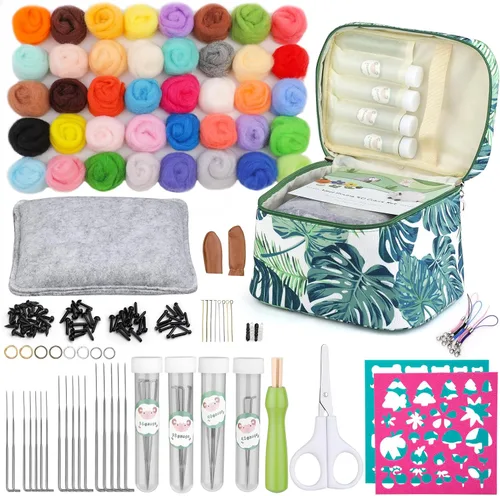 Miniatura 8 de IMZAY Kit de fieltro de aguja, kit de iniciación de fieltro de aguja con exquisita bolsa de almacenamiento verde, juego de 18 colores de lana, kit
