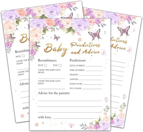Miniatura 5 de Juegos de baby shower para niñas, juego de bingo de mariposa púrpura para baby shower, decoraciones florales moradas para fiestas de revelación