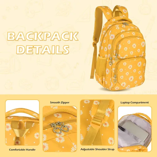 Miniatura 39 de goldwheat Mochilas impresas margaritas con paquete de almuerzo, estuche de lápices 3pcs, bolsa ligera resistente al agua para la escuela secundaria