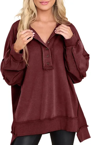 Miniatura 47 de AlvaQ - Sudadera de gran tamaño para mujer, informal, de manga larga, con botones y cuello Henley, tipo túnica