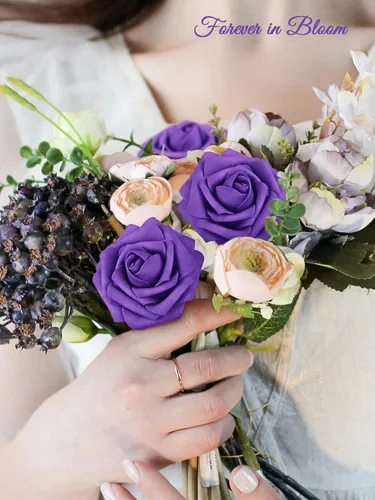 Miniatura 4 de MACTING Flores Artificiales Moradas 30 Piezas Rosas Falsas con Tallo Tacto Real Rosas de Espuma Suave para Regalos del Día de San Valentín Ramo