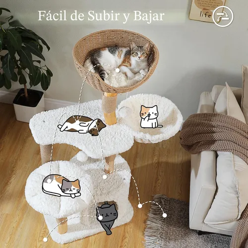 Miniatura 8 de PETEPELA Árbol Rascador Torre Moderno para Gatos Grandes con Percha de Flores, Postes Rascadores de Madera Maciza Natural, Árbol para Gatos Bohemio