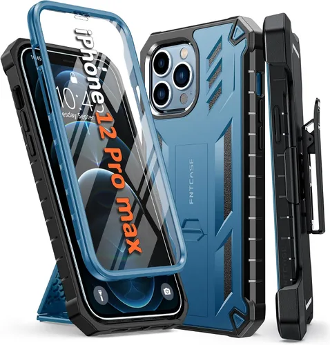 Miniatura 10 de FNTCASE Funda para iPhone 12-Pro-Max: con protector de pantalla integrado, soporte y funda con clip para cinturón, funda protectora militar