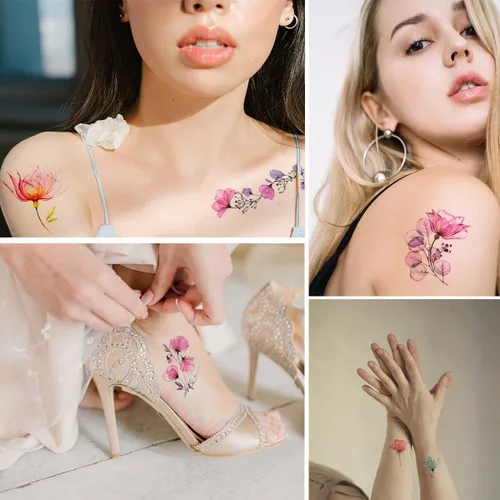 Miniatura 2 de 20 hojas de calcomanías de tatuajes temporales de flores, impermeables, para arte corporal, acuarela, floral, tatuaje temporal para mujeres y niñas