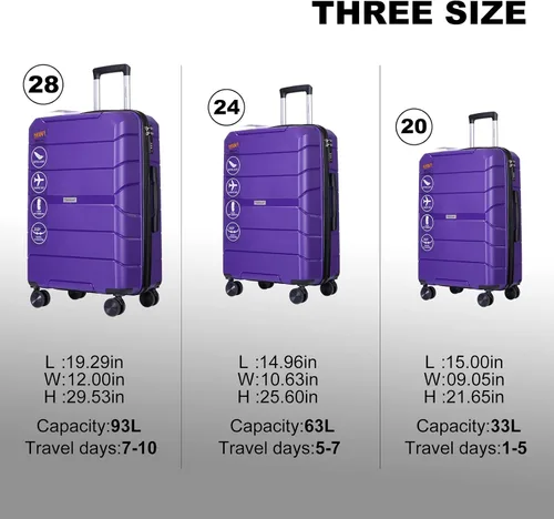 Miniatura 8 de Travelhouse Juego de equipaje, 3 piezas de maleta con ruedas giratorias, cerraduras TSA para equipaje de 20 pulgadas, 24 pulgadas y 28 pulgadas