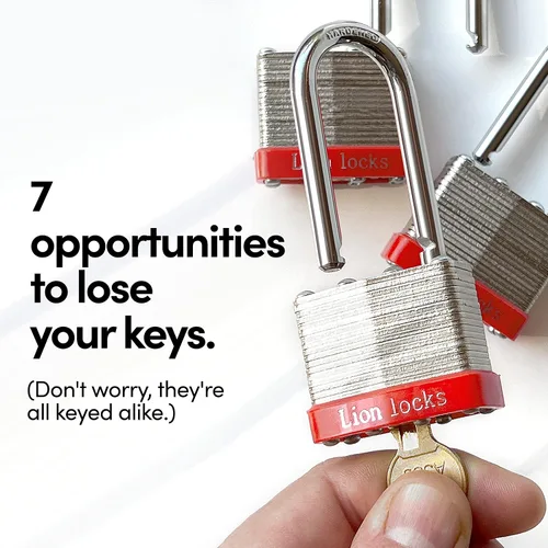 Miniatura 3 de Lion Locks 4 Candados de Llave Igual con Grillete Largo de 2", 8 Llaves, Candado de Acero Endurecido, Cilindro de Pines de Latón Resistente a