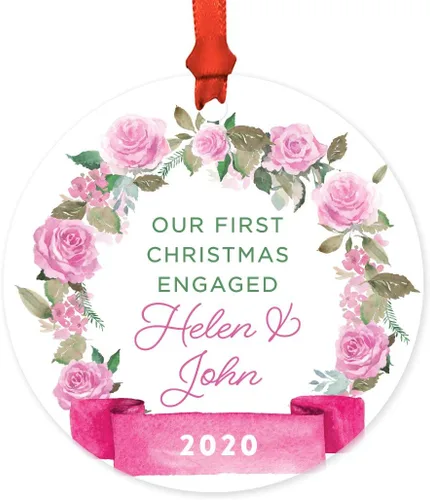Miniatura 59 de Andaz Press Adorno de Navidad de madera grabado con láser para aniversario de boda, 1 año juntos, Navidad 2025, pancarta de flores rosas, 1 paquete